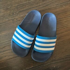 Adidas adilette pool slides, size 13 K, bright blue and white stripe